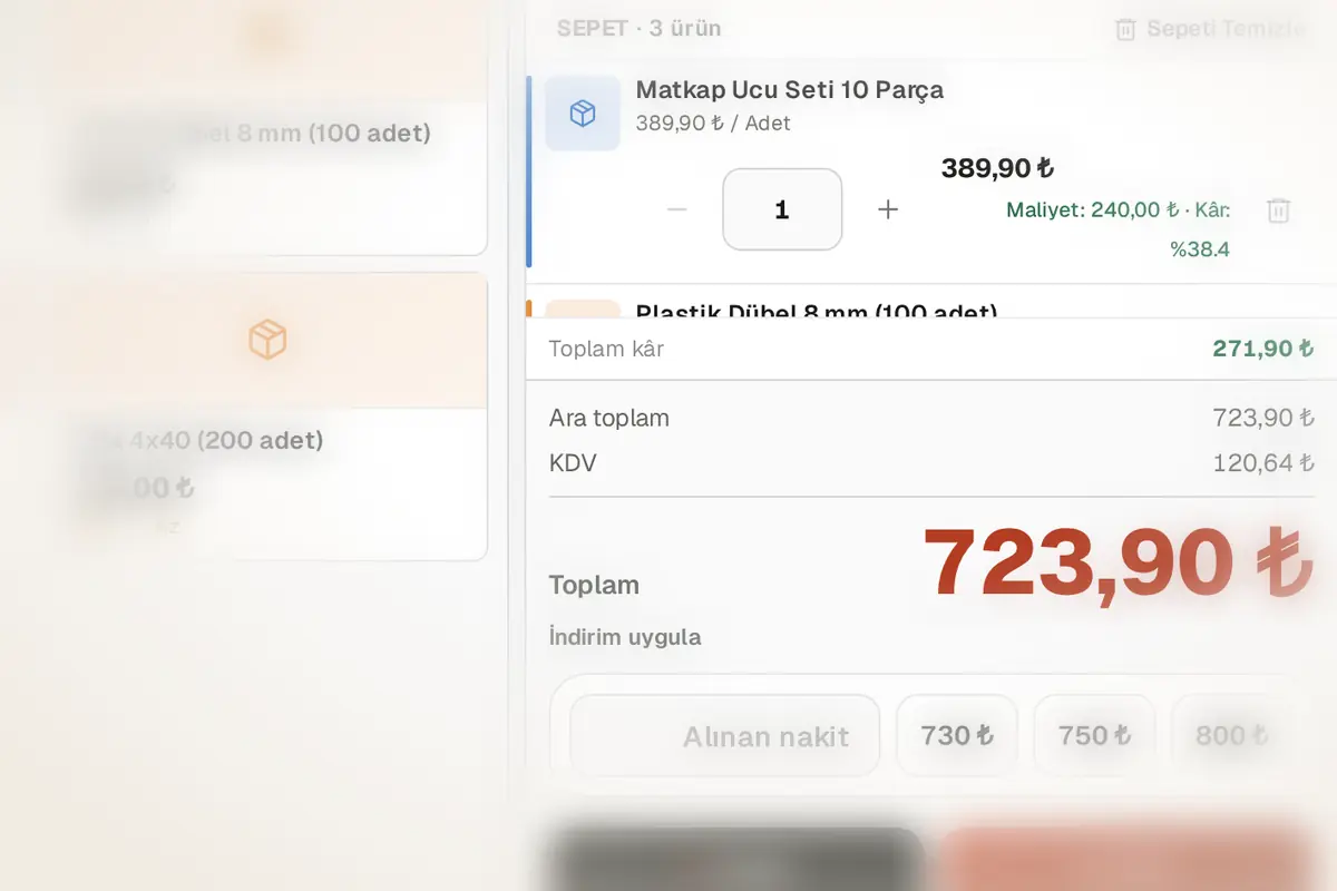 Kasa ekranında sepet: matkap ucu seti ve plastik dübel, KDV ayrı satırda, toplam 723,90 ₺ ve satışın kârı