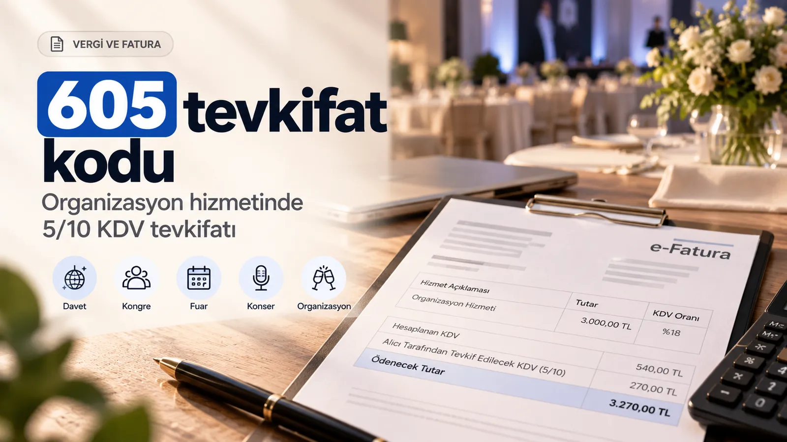 An invoice for event organization services showing withheld VAT